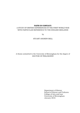 Faith in Conflict: a Study of British Experiences in the First World War with Particular Reference to the English Midlands