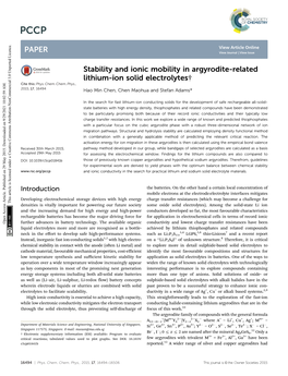 Stability and Ionic Mobility in Argyrodite-Related Lithium-Ion Solid Electrolytes† Cite This: Phys