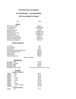 (Bronze) Belt Blanks Buckles Fort Vause Price List 4/23/2011 Ph. 540