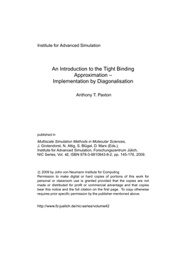 An Introduction to the Tight Binding Approximation – Implementation by Diagonalisation