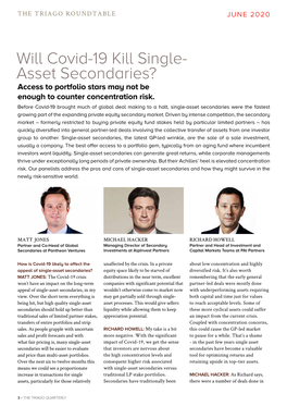 Will Covid-19 Kill Single- Asset Secondaries? Access to Portfolio Stars May Not Be Enough to Counter Concentration Risk