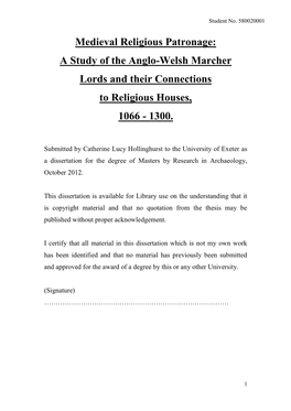 Medieval Religious Patronage: a Study of the Anglo-Welsh Marcher Lords and Their Connections to Religious Houses, 1066 - 1300