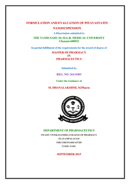 FORMULATION and EVALUATION of PITAVASTATIN NANOSUSPENSION a Dissertation Submitted to the TAMILNADU Dr.M.G.R