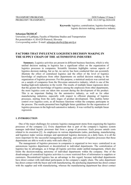 Factors That Influence Logistics Decision Making in the Supply Chain of the Automotive Industry