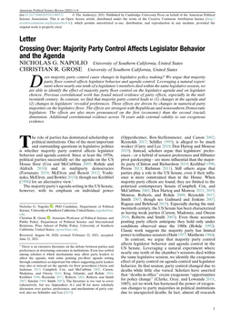 Majority Party Control Affects Legislator Behavior and the Agenda NICHOLAS G