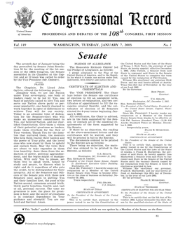 Congressional Record United States Th of America PROCEEDINGS and DEBATES of the 108 CONGRESS, FIRST SESSION