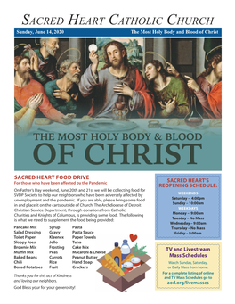 Sacred Heart Catholic Church Sunday, June 14, 2020 the Most Holy Body and Blood of Christ