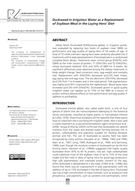 Duckweed in Irrigation Water As a Replacement of Soybean Meal in the Laying Hens’ Diet