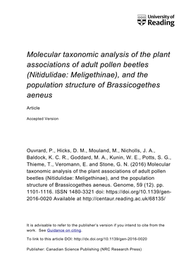 Molecular Taxonomic Analysis of the Plant Associations of Adult Pollen Beetles (Nitidulidae: Meligethinae), and the Population Structure of Brassicogethes Aeneus