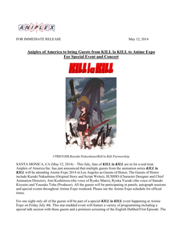 Aniplex of America to Bring Guests from KILL La KILL to Anime Expo for Special Event and Concert