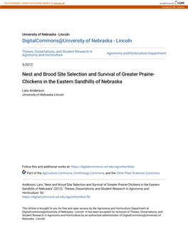 Nest and Brood Site Selection and Survival of Greater Prairie-Chickens in the Eastern Sandhills of Nebraska