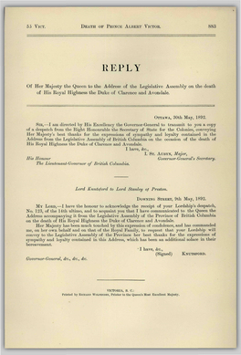 Of Her Majesty the Queen to the Address of the Legislative Assembly on the Death of His Royal Highness the Duke of Clarence and Avondale