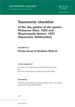 Taxonomic Checklist of the Day Geckos of the Genera Phelsuma Gray, 1825 and Rhoptropella Hewitt, 1937 (Squamata: Gekkonidae)