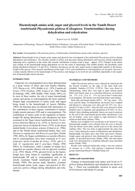 Haemolymph Amino Acid, Sugar and Glycerol Levels in the Namib Desert Tenebrionid Physadesmia Globosa (Coleoptera: Tenebrionidae) During Dehydration and Rehydration