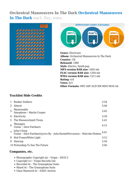 Orchestral Manoeuvres in the Dark Orchestral Manoeuvres in the Dark Mp3, Flac, Wma