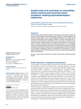 Autistic Traits and Rumination As Vulnerability Factors Towards Post-Traumatic Stress Symptoms: Shaping Psychopathological Trajectories