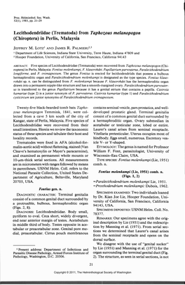 Lecithodendriidae (Trematoda) from Taphozous Melanopogon (Chiroptera) in Perils, Malaysia