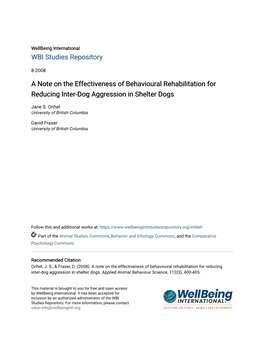 A Note on the Effectiveness of Behavioural Rehabilitation for Reducing Inter-Dog Aggression in Shelter Dogs