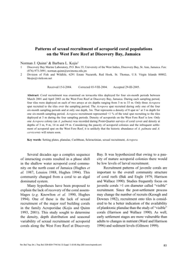 Patterns of Sexual Recruitment of Acroporid Coral Populations on the West Fore Reef at Discovery Bay, Jamaica