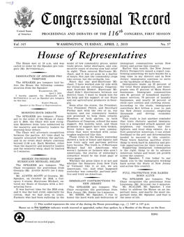 Congressional Record United States Th of America PROCEEDINGS and DEBATES of the 116 CONGRESS, FIRST SESSION