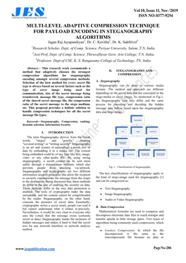 MULTI-LEVEL ADAPTIVE COMPRESSION TECHNIQUE for PAYLOAD ENCODING in STEGANOGRAPHY ALGORITHMS 1 2 3 Jagan Raj Jayapandiyan , Dr