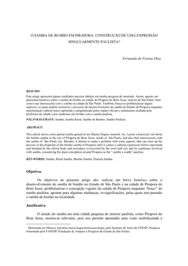 O Samba De Bumbo Em Pirapora: Construção De Uma Expressão Singularmente Paulista?