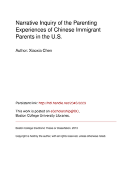 Narrative Inquiry of the Parenting Experiences of Chinese Immigrant Parents in the U.S