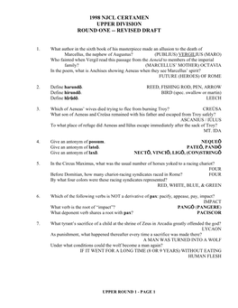 1998 Njcl Certamen Upper Division Round One -- Revised Draft