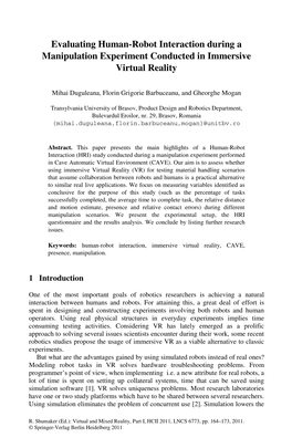 Evaluating Human-Robot Interaction During a Manipulation Experiment Conducted in Immersive Virtual Reality