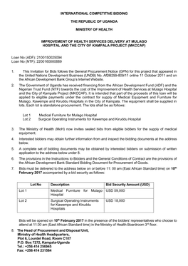 International Competitive Bidding the Republic of Uganda Ministry of Health Improvement of Health Services Delivery at Mulago H