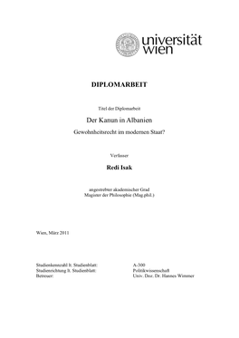 Diplomarbeit Der Kanun in Albanien Gewohnheitsrecht Im Modernen Staat?