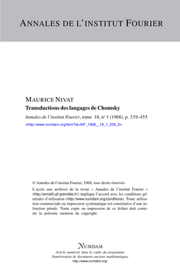 Transductions Des Langages De Chomsky Annales De L’Institut Fourier, Tome 18, No 1 (1968), P