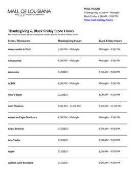 Thanksgiving & Black Friday Store Hours