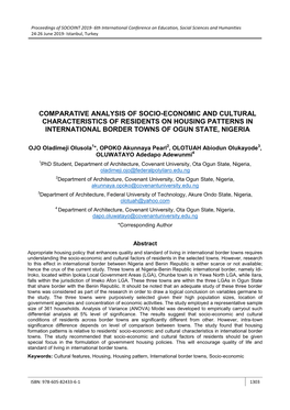 Comparative Analysis of Socio-Economic and Cultural Characteristics of Residents on Housing Patterns in International Border Towns of Ogun State, Nigeria