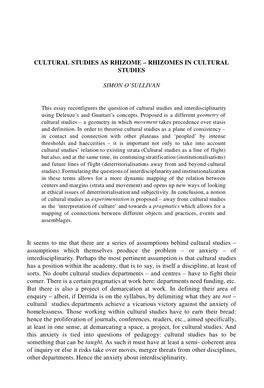 Cultural Studies As Rhizome – Rhizomes in Cultural Studies