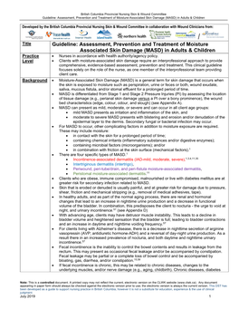 Guideline: Assessment, Prevention and Treatment of Moisture Associated Skin Damage (MASD) in Adults & Children