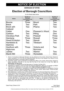 NOTICE of ELECTION Election of Borough Councillors