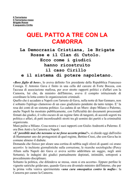 QUEL PATTO a TRE CON LA CAMORRA La Democrazia Cristiana, Le Brigate Rosse E Il Clan Di Cutolo