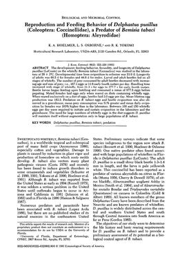 Reproduction and Feeding Behavior of Delphastus Pusillus (Coleoptera: Coccinellidae), a Predator of Bemisia Tabaci (Homoptera: Aleyrodidae)