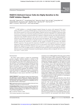 RAD51C-Deficient Cancer Cells Are Highly Sensitive to the PARP Inhibitor Olaparib