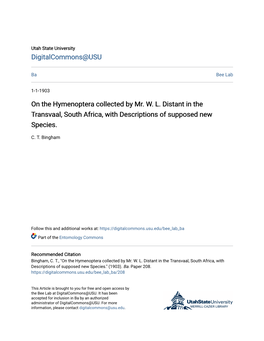 On the Hymenoptera Collected by Mr. W. L. Distant in the Transvaal, South Africa, with Descriptions of Supposed New Species