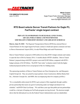 RTD Board Selects Denver Transit Partners for Eagle P3, Fastracks’ Single Largest Contract