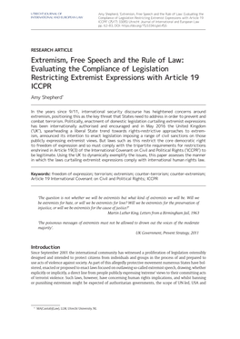 Extremism, Free Speech and the Rule of Law: Evaluating the Compliance of Legislation Restricting Extremist Expressions with Article 19 ICCPR Amy Shepherd*