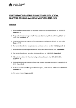 London Borough of Hounslow Community School Proposed Admission Arrangements for 2019-2020