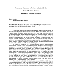 Ambassador Shakespeare: the Bard As Cultural Bridge Donna Woodford-Gormley New Mexico Highlands University Elena Bandín Univers