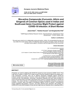 Curcumin, Allicin and Gingerol) of Common Spices Used in Indian and South-East Asian Countries Might Protect Against COVID-19 Infection: a Short Review