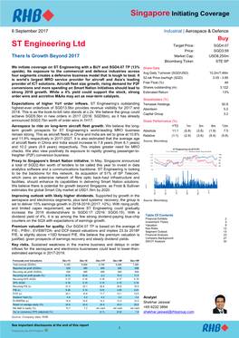 ST Engineering Ltd Target Price: SGD4.07 Price: SGD3.59 There Is Growth Beyond 2017 Market Cap: USD8,250M Bloomberg Ticker: STE SP