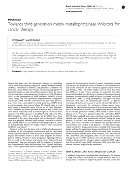 Towards Third Generation Matrix Metalloproteinase Inhibitors for Cancer Therapy