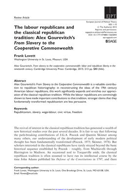 The Labour Republicans and the Classical Republican Tradition: Alex Gourevitch's from Slavery to the Cooperative Commonwealth