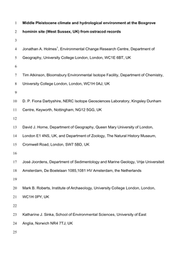 Middle Pleistocene Climate and Hydrological Environment at the Boxgrove 1 Hominin Site (West Sussex, UK) from Ostracod Records 2